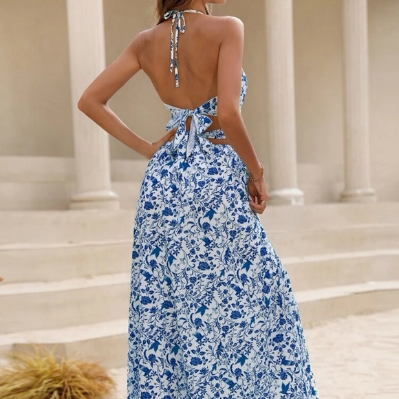 Halter 3D Floral Knit Backless Maxi Dress
